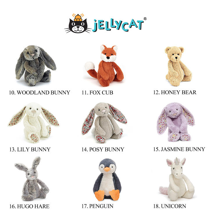 ジェリーキャット ぬいぐるみ　10.WOODLAND BUNNY 30cm、11.FOX CUB 30cm、12.HONEY BEAR 30cm、13.LILY BUNNY 30cm、14.POSY BUNNY 30cm、15.JASMINE BUNNY 30cm、16.HUGO HARE 30cm、17.PENGUIN 30cm、18.UNICORN 30cm