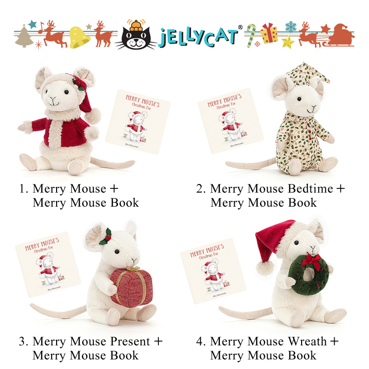 ジェリーキャット ぬいぐるみ+絵本セット　1. Merry Mouse+Merry Mouse Book、2. Merry Mouse Bedtime+Merry Mouse Book、3. Merry Mouse Present+Merry Mouse Book、4. Merry Mouse Wreath+Merry Mouse Book