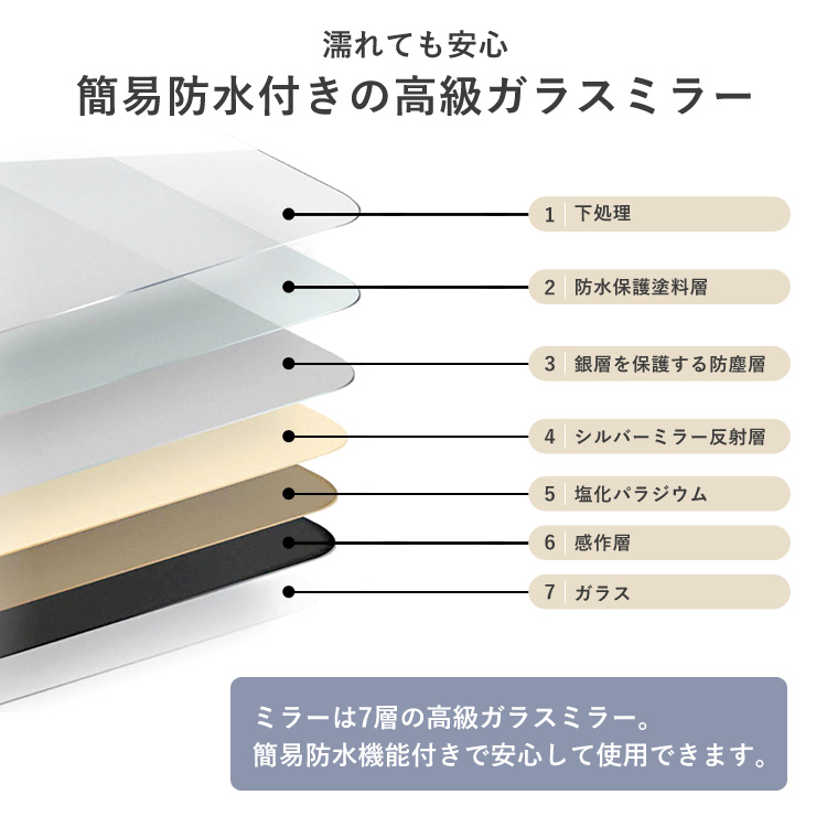 簡易防水付きの高級ガラスミラー。ミラーは7層の高級ガラスミラー。簡易防水機能付きで安心して使用できます。