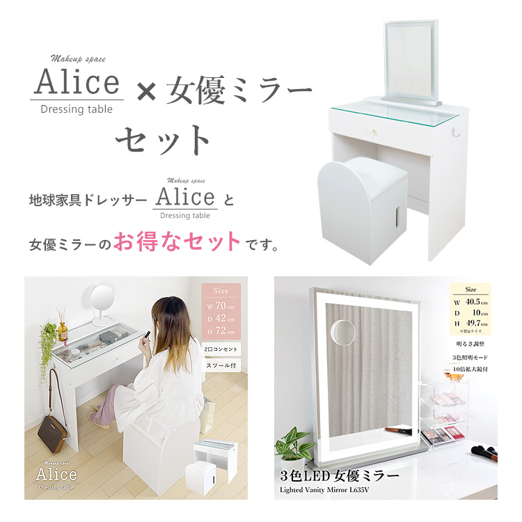 ドレッサーAlice ハイタイプ 引き出し1杯 組立品 スツール付 2口 