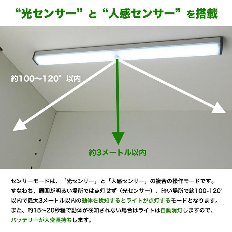 光センサーと人感センサーを搭載。センサーモードは「光センサー」と「人感センサー」の複合の操作モードです。周囲が明るい場所では点灯せず（光センサー）暗い場所で約100～120°以内で最大3メートル以内の動体を検知するとライトが点灯するモードになります。また、約15から20秒程で動体が検知されない場合はライトは自動消灯しますのでバッテリーが大変長持ちします。